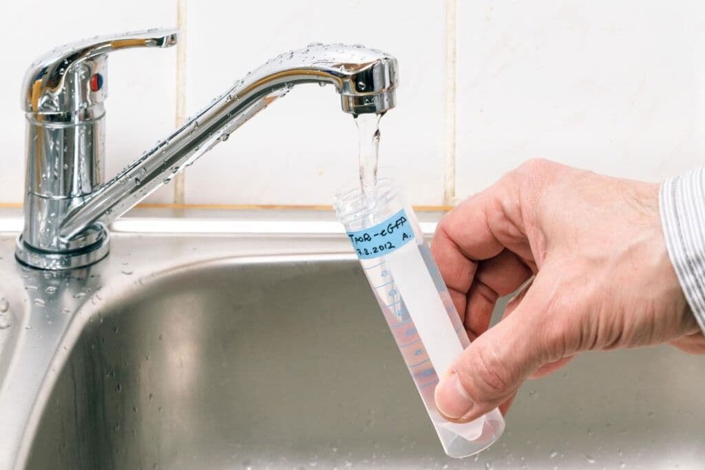 A hand holds a test tube under a running kitchen tap, collecting water for testing. The setting conveys a scientific and hygienic context.